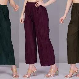 kwsh Pack of 3 Women Regular Fit Multicolor Polycotton Trousers-picture-10