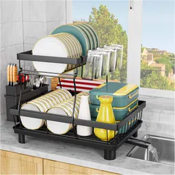 indriyas Dish Drainer Kitchen Rack 2 Tier Stainless Steel Dish Drainer Rack with Drip Tray & Utensil Holder Steel image 1