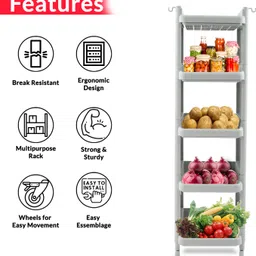 ada 5-Tier Multipurpose Storage Shelf Rack with Wheels | Storage Organizer Cart Plastic Kitchen Trolley image 3
