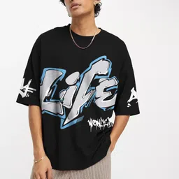 jump cuts Men Printed, Typography Round Neck Cotton Blend Black, Grey T-Shirt-picture-27