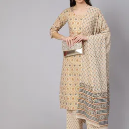 Nayo Women Cream-Coloured & Gold Screen Printed Cotton Straight Kurta Palazzos Dupatta image 2