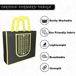 heart home Pack of 4 Smile Print Foldable Grocery/Shopping Bags For Women | Black & Yellow Pack of 4 Grocery Bags image 5