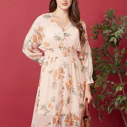 Globus Peach-Coloured Floral Printed V-Neck Smocked A-Line Midi Dress With Inner Slip image 4