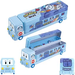 tru toys Bus Shape Pencil Box 3 Compartment Panda Space Cartoon Printed Art Metal Pencil Box image 1
