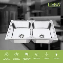 lipka 32x20x8 Inches 304-Grade Stainless Steel Square Double Bowl Kitchen Sink (Deluxe Range) 32x20x8 Inches Vessel Sink image 3