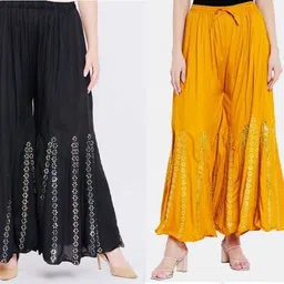 harshraj Pack of 2 Women Flared Black, Yellow Viscose Rayon Trousers-picture-27