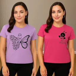 lavenir Women Graphic Print Round Neck Polyester Multicolor T-Shirt-picture-21
