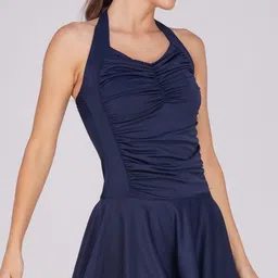 tomkot Women Halter Neck Swimwear,one Piece Swimsuit with Attached Shorts Solid Women Swim-dress Blue Swimsuit-picture-12