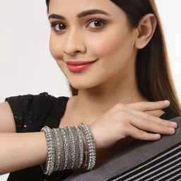 ZENEME Set of 28 Silver-Plated Stone-Studded Textured Oxidized Bangles image 3