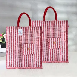 heart home Jute Lining Front Pocket Carry Shopping Bag with Handle|Medium|Pack of 2|Red Pack of 2 Grocery Bags-picture-14