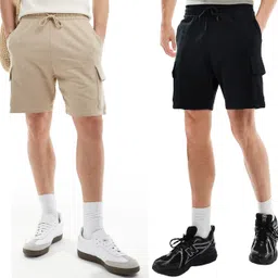 gyrfalcon Pack of 2 Solid Men Beige, Black Cargo Shorts-picture-19