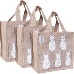homestic by kuber industries Lunch Bag|Jute Fabric |Pineapple Print Hand bag with Handle ,Pack of 3 (Brown) Lunch Bag-picture-25