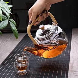 gte Handcrafted Borosilicate Glass Teapot with Wooden Handle & Infuser – 900ml Tea Urn image 2