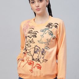 Athena Women Peach-Coloured & Black Embroidered Pullover Sweatshirt-picture-9