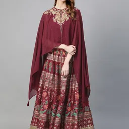 WISHFUL by W Women Maroon & Golden Embroidered Top with Skirt-picture-39