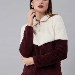 Athena Women Burgundy & White Colourblocked Fuzzy Pullover Sweater-picture-6