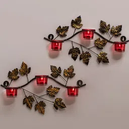 Homesake Red & Gold-Toned Set Of 2 Maple Leaf Shaped Candle Holder-image-6