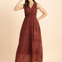 Moomaya Floral Printed V-Neck Georgette Wrap Dress-picture-21