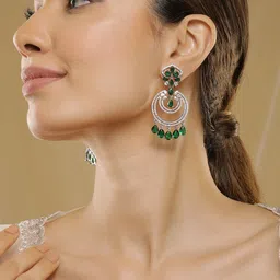 Rubans 18K Gold-Plated Emerald & Zirconia Studded Green Beaded Long Chandbali Earring-picture-10