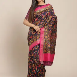 KALINI Navy Blue & Pink Floral Silk Cotton Saree-picture-25
