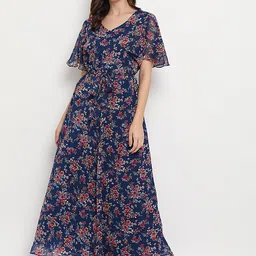THREAD MUSTER Women Blue Floral Print Maxi Dress image 1