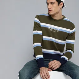 Levis Men Olive Green & Off-White Striped Pure Cotton Pullover Sweatshirt-image-7