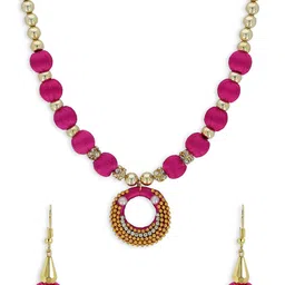 AKSHARA Girls Magenta & Gold-Toned Stone-Studded Handcrafted Beaded Jewellery Set-image-87