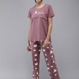 Zeyo Women Mauve & White Typography Print Cotton Maternity Pyjama Set-picture-32