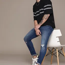 The Roadster Lifestyle Co. Oversized Fit Striped Drop-Shoulder Sleeves Pure Cotton T-shirt-picture-22