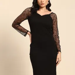 Qurvii Self Design Sweetheart Neck Bodycon Dress with Lace Inserts-picture-28