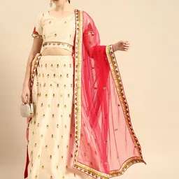 Shaily Cream-Coloured & Pink Embroidered Thread Work Semi-Stitched Lehenga & Unstitched Blouse With Dupatta-picture-46