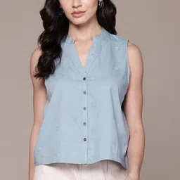 Roadster Embroidered Mandarin Collar Pure Cotton Top-picture-39