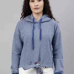 Campus Sutra Women Blue & White Striped Waist Tie-Up Hooded Sweatshirt-picture-23