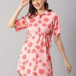 Moomaya Floral Printed Shirt Collar Gathered Shirt Dress-picture-46