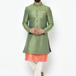KISAH Men Green & Orange Self-Design Sherwani Set-picture-16