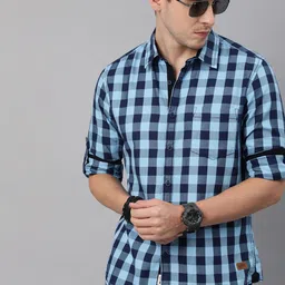 Roadster Men Navy Blue Gingham Checks Checked Casual Shirt-image-0