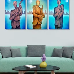 999Store Set Of 3 Blue & Brown Instrumental Panels Canvas Wall Painting-image-24
