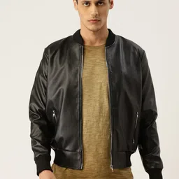 Leather Retail Men Black Solid Lightweight Bomber Jacket-picture-37