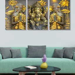 999Store Set of 3 Gold-Toned & Grey Lord Ganesha HD Canvas Wall Paintings-picture-19