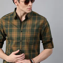 Roadster Men Olive Green & Mustard Yellow Checked Pure Cotton Casual Sustainable Shirt-image-88