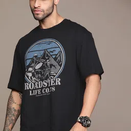 The Roadster Lifestyle Co. Brand Logo Printed Drop-Shoulder Sleeves Pure Cotton T-shirt-picture-29