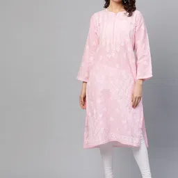 ADA Women Pink & White Chikankari Embroidered Pure Cotton Straight Sustainable Kurta-picture-32