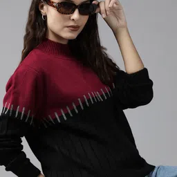 Roadster Women Red & Black Colourblocked Acrylic Pullover-picture-17