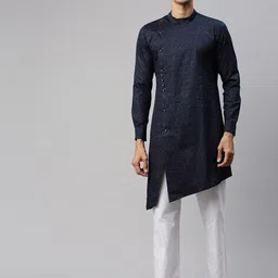 Manyavar Men Navy Blue & Pink Printed Straight Kurta-picture-28
