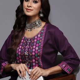 Indo Era Women Purple Ethnic Motifs Yoke Design Kurta-picture-40