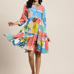 HERE&NOW Floral Print Puff Sleeves Tie-Up Neck Tiered Dress-picture-31