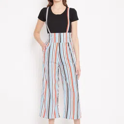 PANIT Women White & Blue Regular Fit Striped Cropped Parallel Trousers-image-55