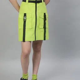 STREET 9 Women Fluorescent Green Solid Straight Pure Cotton Skirt-image-3