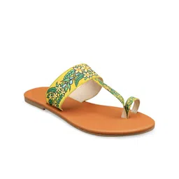 Kanvas Women Yellow Printed Fabric T-Strap Flats-picture-37