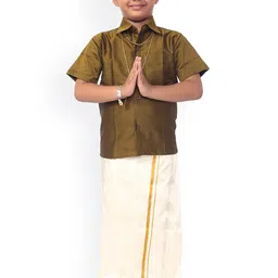 Thangamagan Boys Olive Green & Cream-Coloured Solid Shirt With Veshti-picture-42